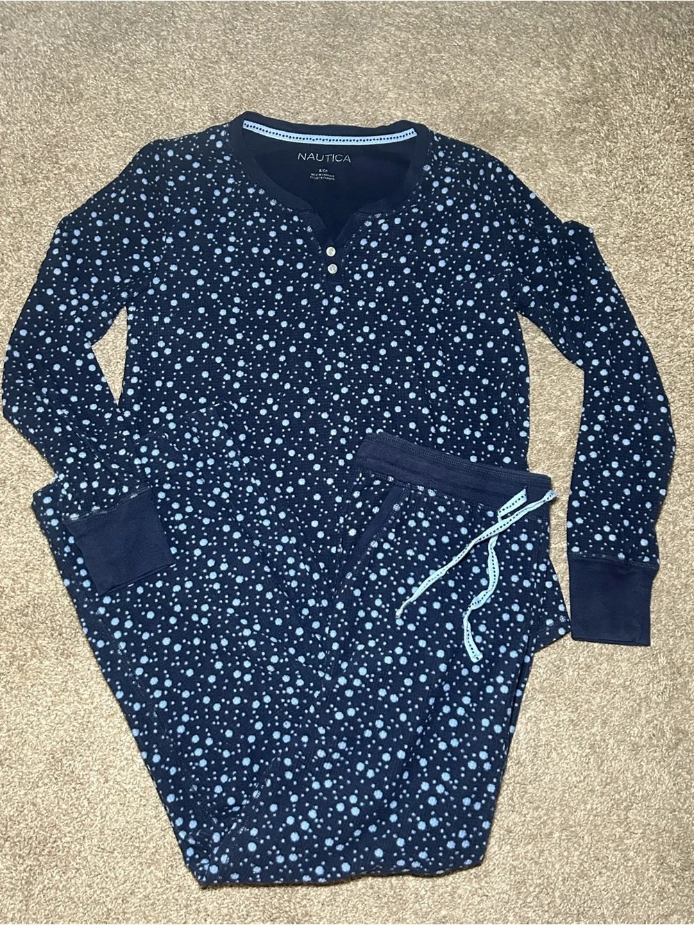 Nautica Womens Navy Blue Dot-Print Long Sleeve Pant Pajama Set Warm Cozy Relaxed